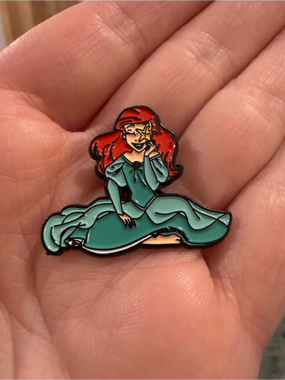 Disney inspired Red-Headed Mermaid Ariel Enamel Pin in Teal Dress with Starfish